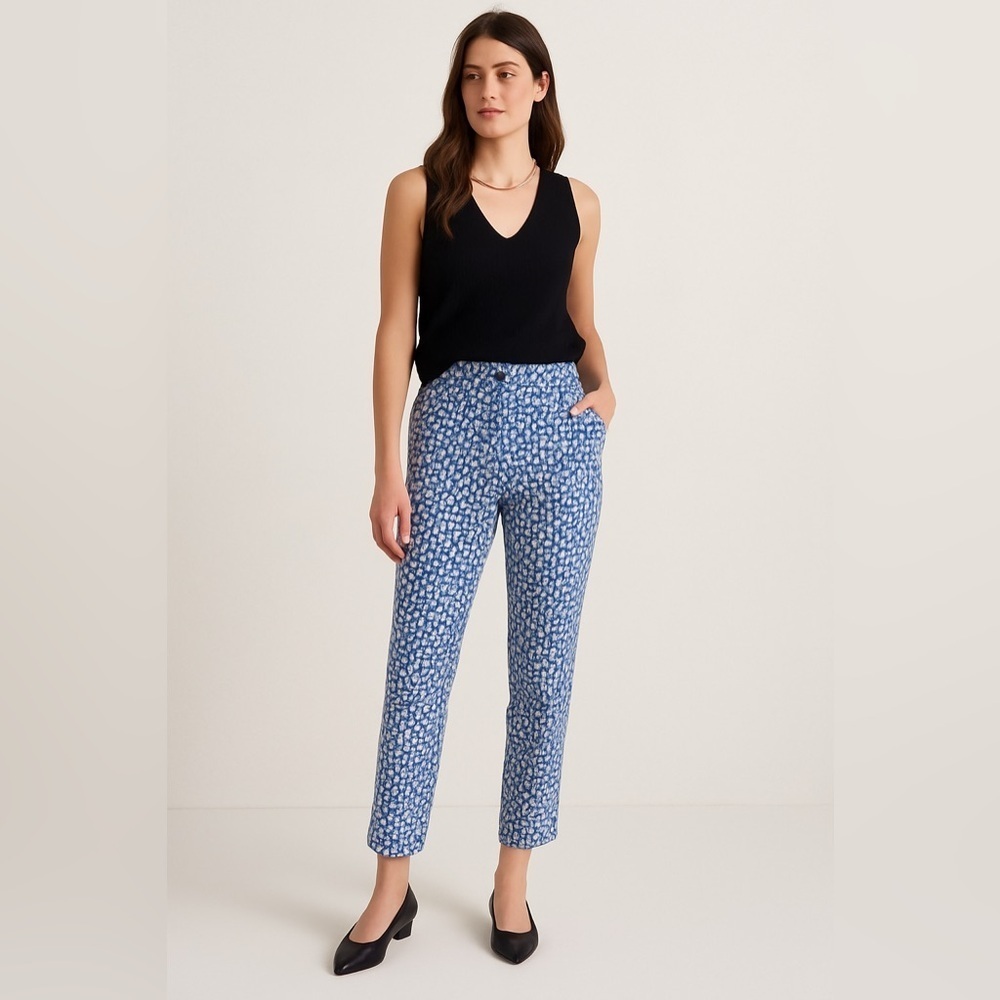 Luisa Cerano Blue White Print Pants Size 10 Women’s Trousers Modern Workwear